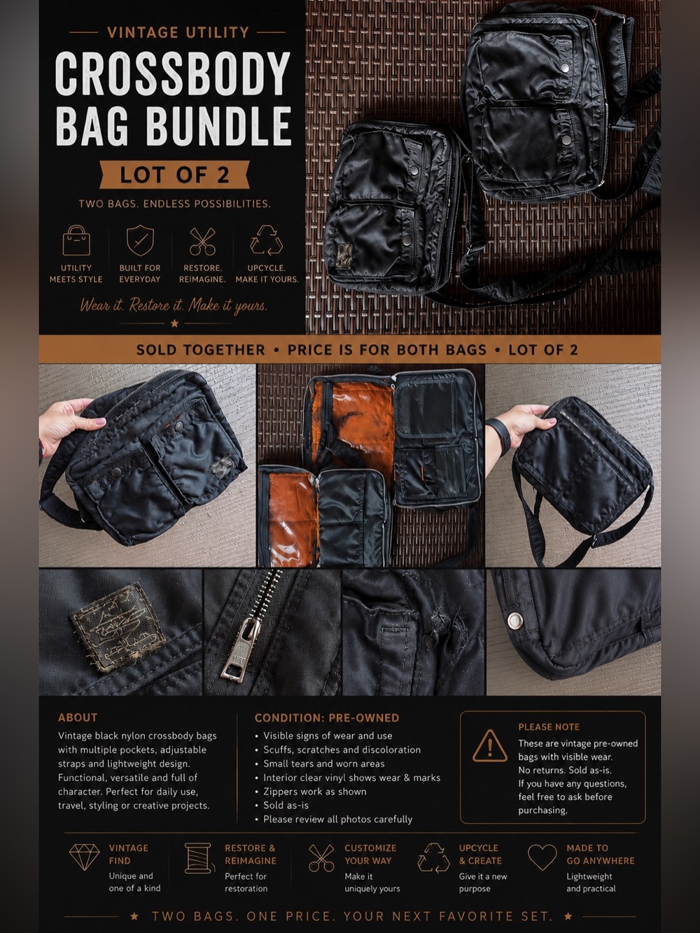 Porter Style Nylon Crossbody Bag Bundle Set Of 2 Black Utility Bags